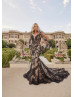 Plunging Neck Black Sequined Lace Tulle Wedding Dress